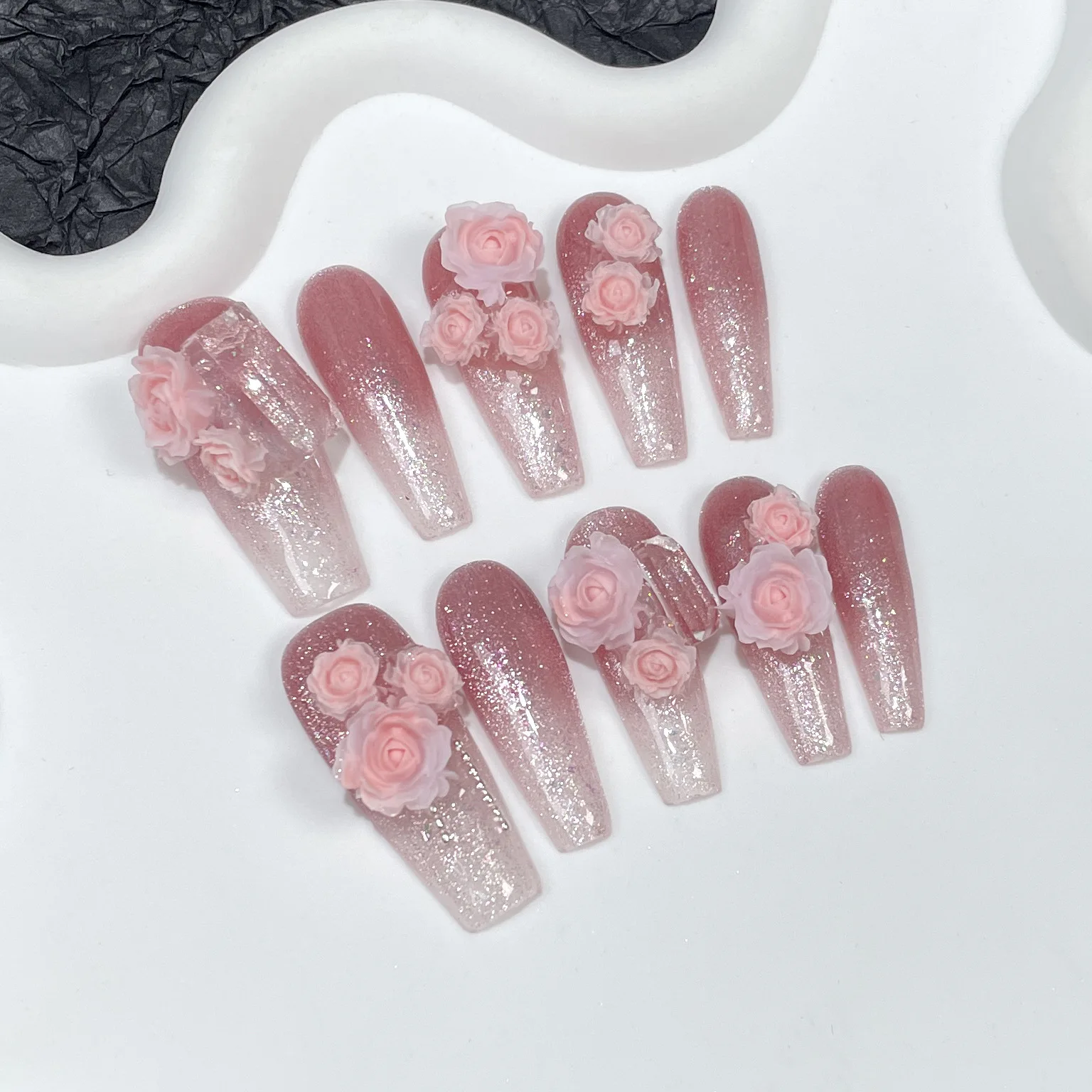 Pink Diamond Rose Gradient Press on Nails 3D Floral ABS Resin Fake Nails Multiple Sizes Gel Glue Adhesive Comfort Fit Wedding Pa