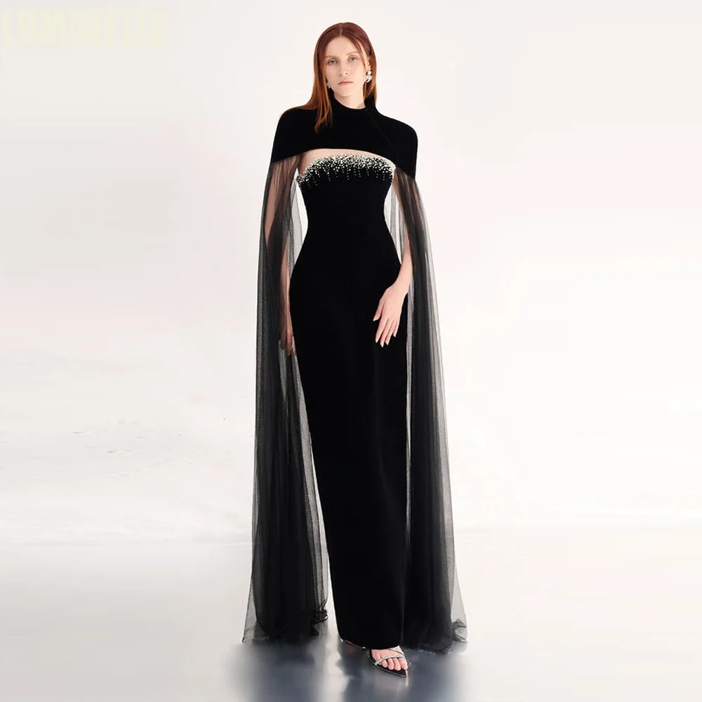 Beaded Velvet Party Dresses with Sheer Tulle Caped-effect Empire Waist Prom Dress 2026 Luxury Strapless Women's Gowns Customized