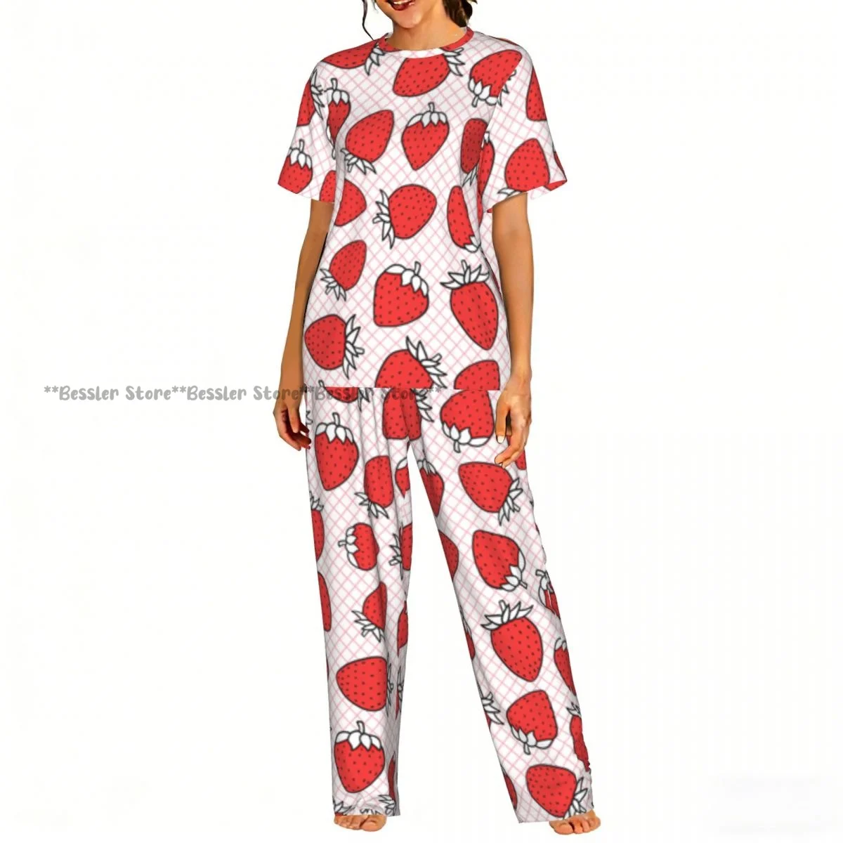

Женский комфортный комплект пижамы с клубничным принтом, короткий рукав, для сна