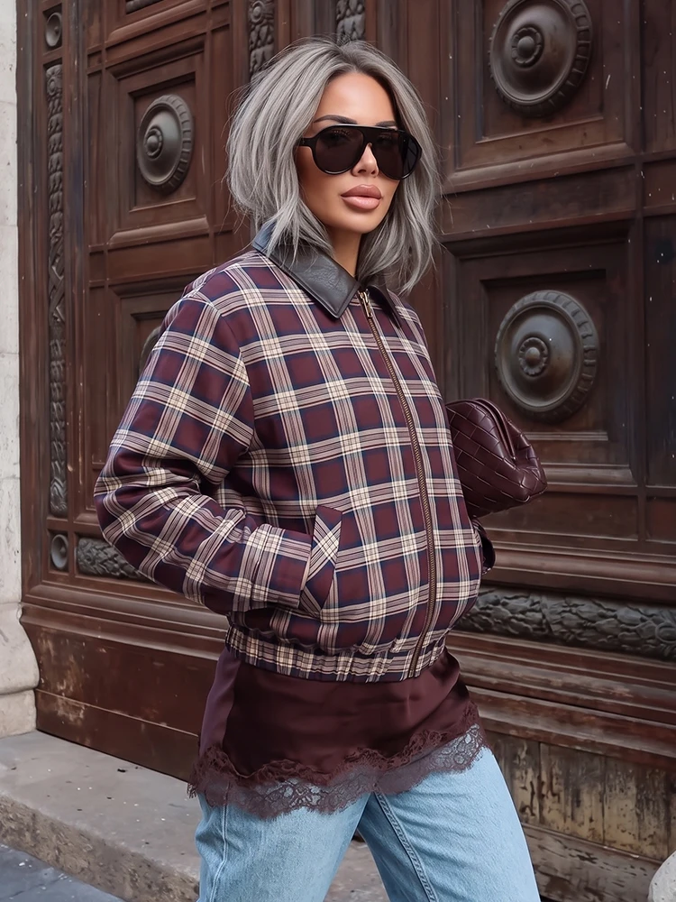 HH Vintage Plaid Zip Up Jacket Spring Fall Faux Leather Collar Elastic Hem Cropped Coat for Women Campus Street Casual Outerwear