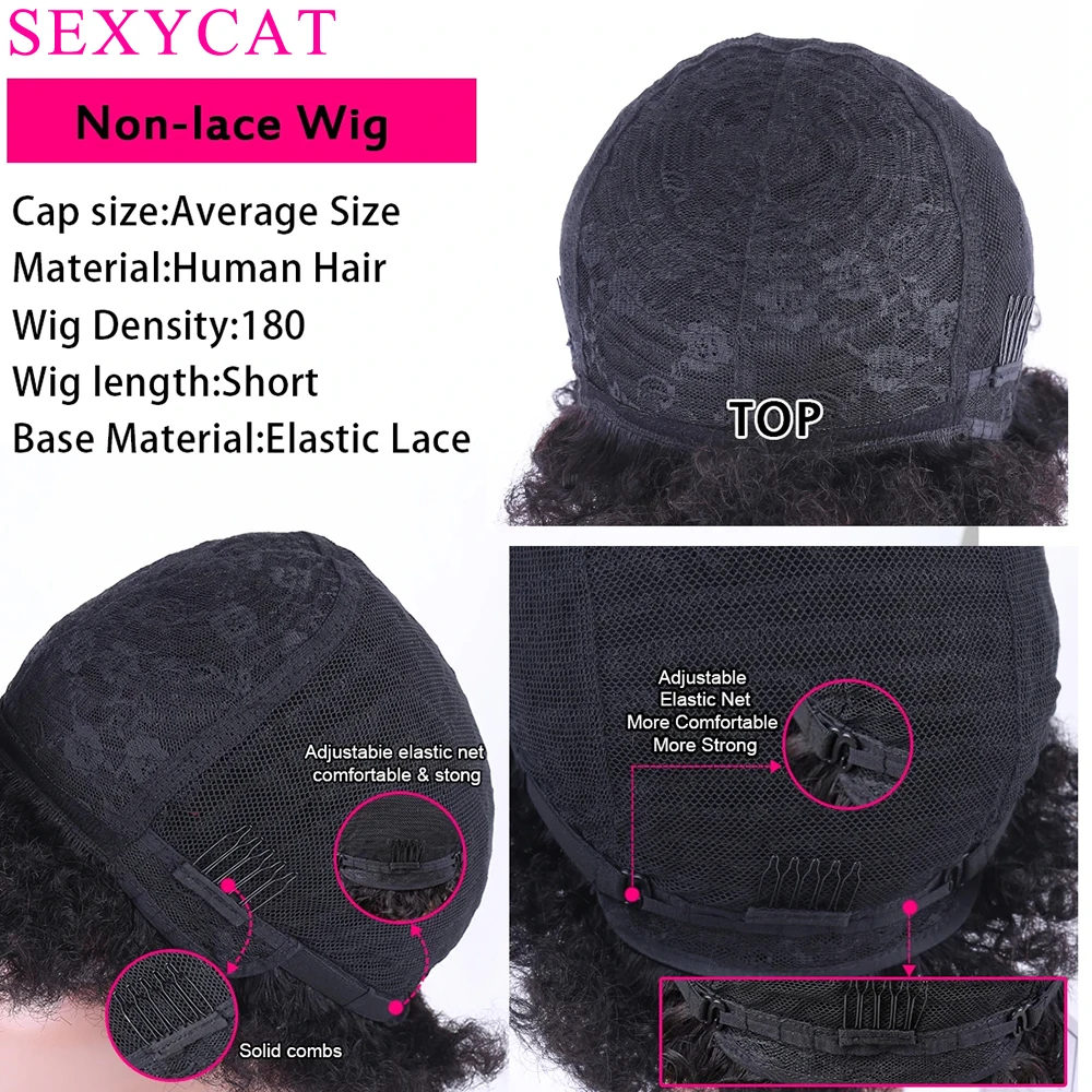 SexyCat wig potongan Pixie keriting rambut manusia 6 inci wig depan tidak ada renda pendek keriting rambut manusia hitam wanita warna alami