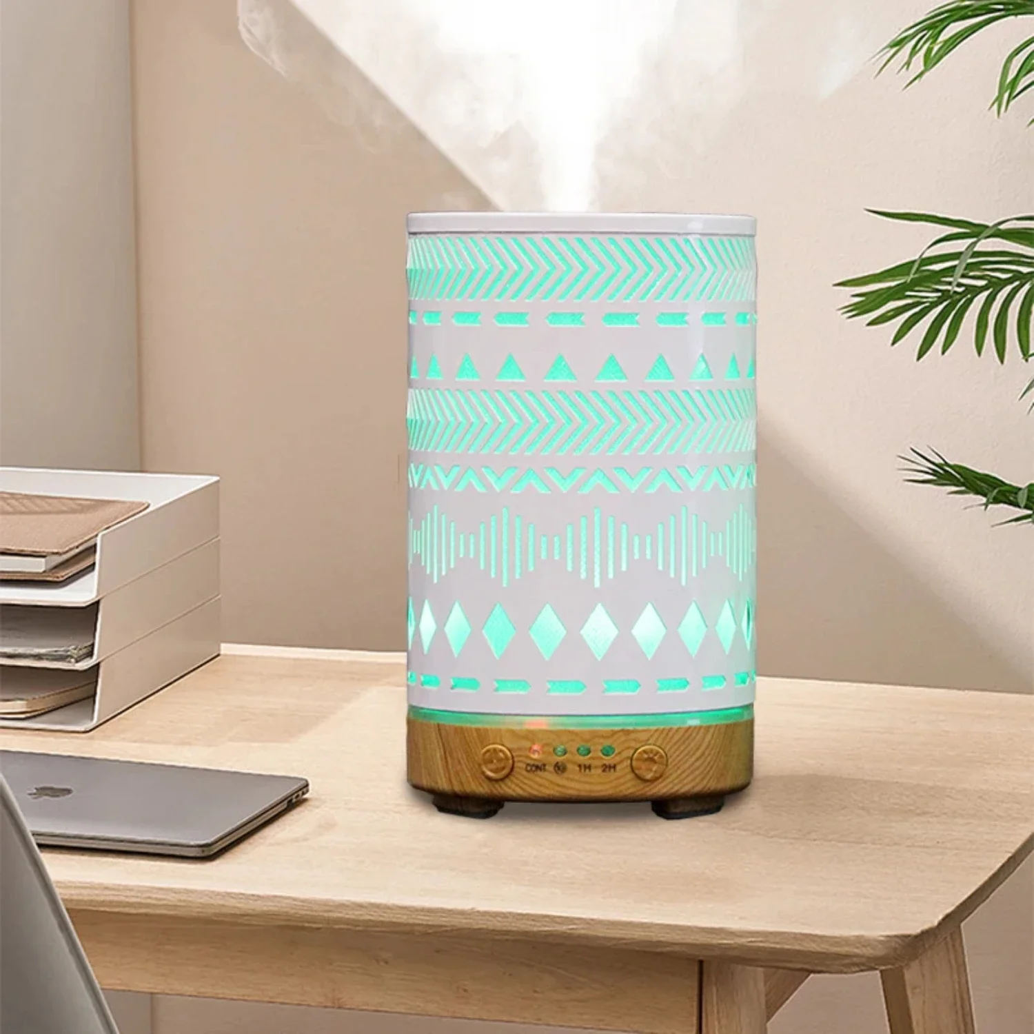 مرطب هواء أنيق لسطح المكتب بالموجات فوق الصوتية ، موزع للزيوت العطرية ، وظيفة التوقيت ، تصميم هندسي مجوف ومصاعد ليد ،