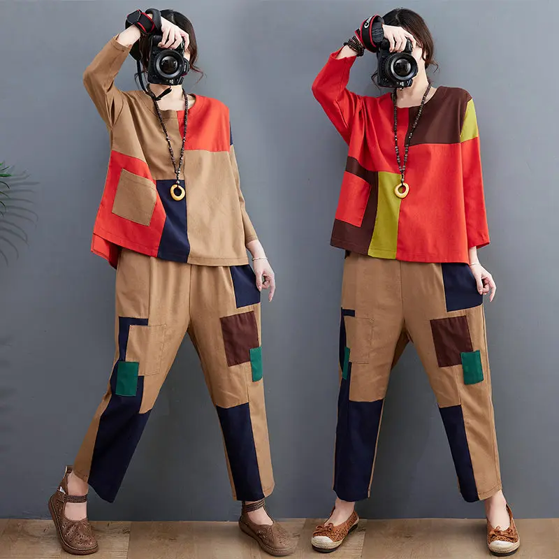 2023 Summer Suit Patchwork Cotton Linen T-Shirt Women Pants Loose Big Size Retro Two-Piece Set Casual Trousers Tracksuit Z503