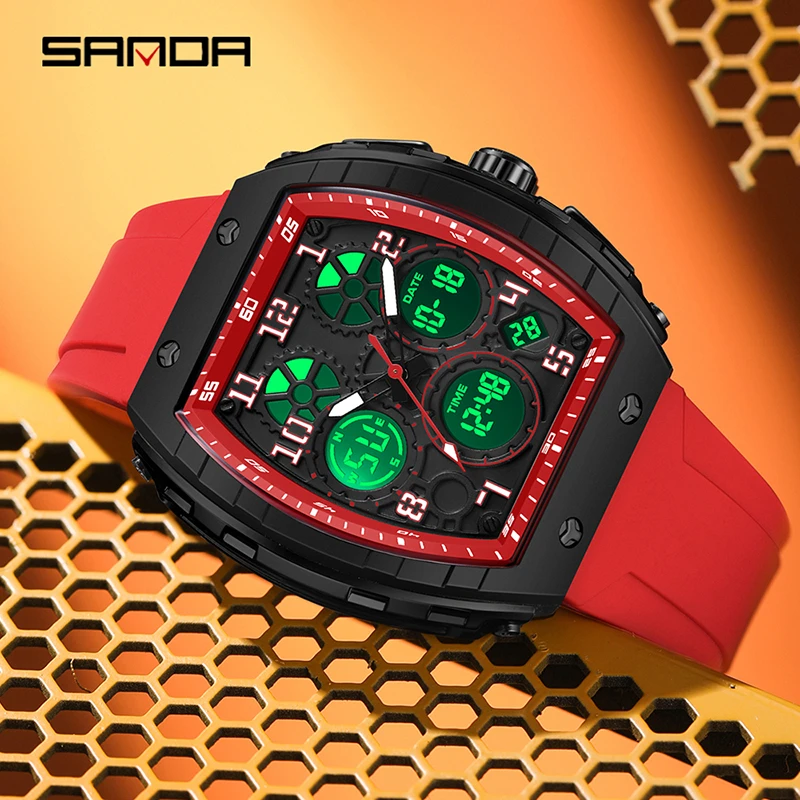 SANDA 6157 Neue elektronische Uhren der Marke, digital, multifunktional, modischer Trend, Herrenuhr, Silikon, wasserdicht, Wecker für Herren