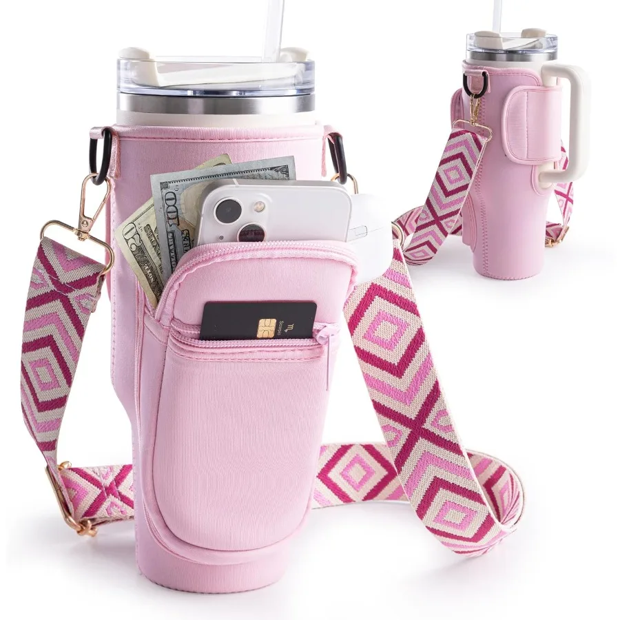 

Сумка-переноска для бутылки с водой с ремешком и карманом для телефона. Современная сумка-переноска на 40 унций, 30 унций с ремешком, подходит для чашки с ручкой.