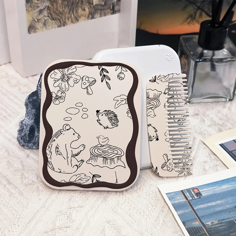 Cartoon Hedgehog Pattern Flip-Top Folding Makeup Mirror Portable Pocket Mirror Rectangle Cosmetic Mirror With Comb For Women