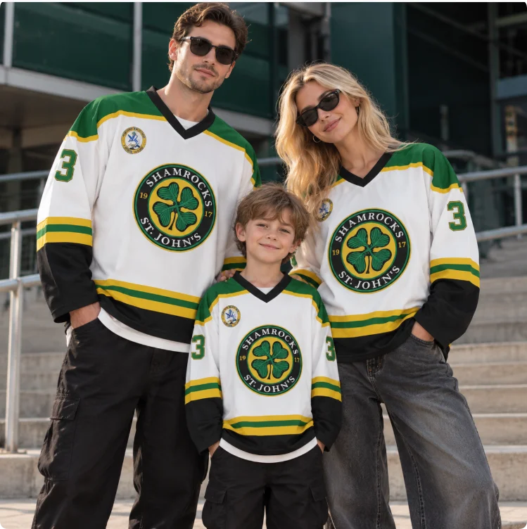 Parent Child St. John's Shamrocks Rhea #3 Ice Hockey Jersey Family Matching Long Sleeve V Neck Goon Movie Fan Cosplay Costume