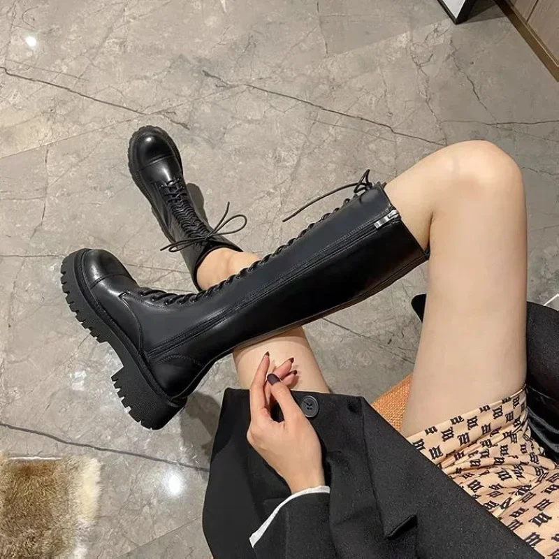 2024 New Women's Long Boots Thick Sole Knight Boots British Style High Non-knee Rubber Upper Material
