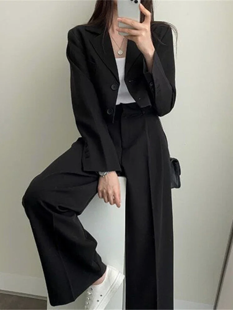 Blazer de manga longa feminino e terno de calça de cintura alta, moda coreana, casaco, preto, casaco feminino, outono, conjuntos de 2 peças, 2023