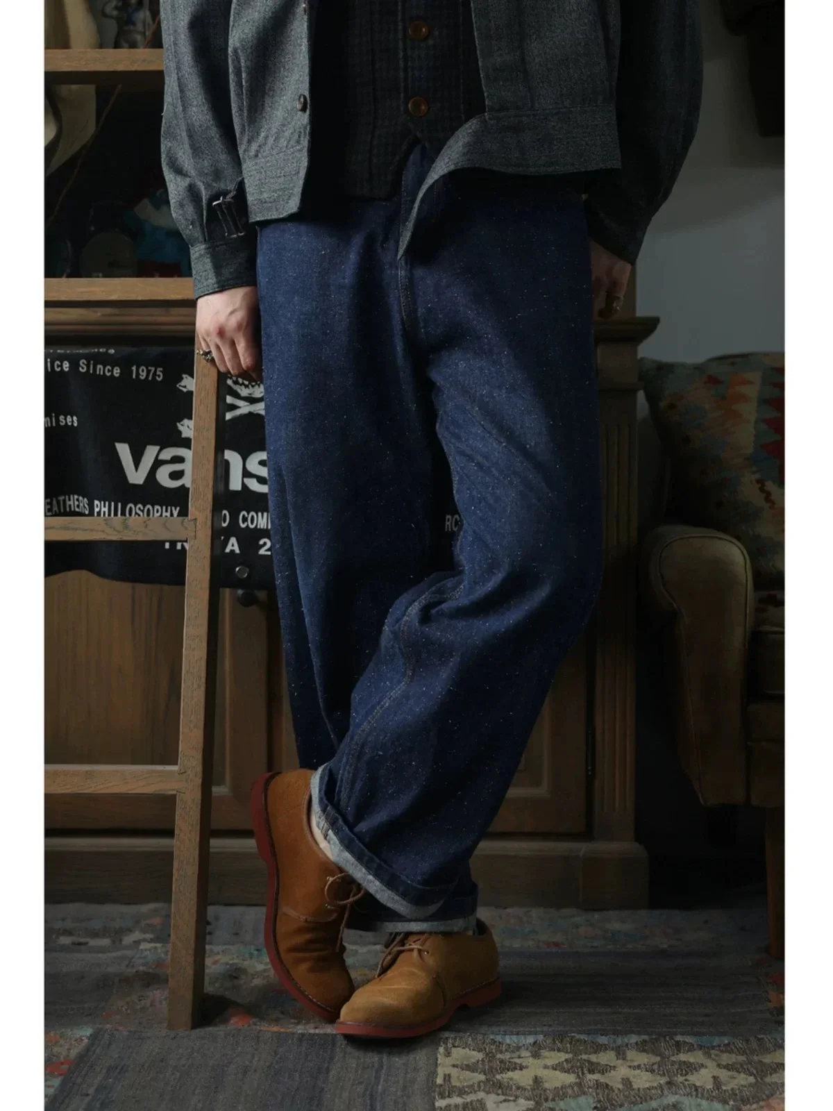 

Second Order "Snow" Nep Selvedge Jeans Wide Straight Leg Denim Pants Zipper Fly