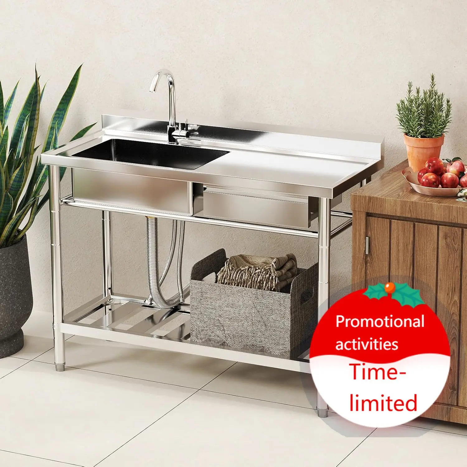 

Stainless Steel Utility Sink, 47.2'' Free Standing Single Bowl Kitchen Sink with Cold and Hot Water Pipe, Right Drawer, Indoor a