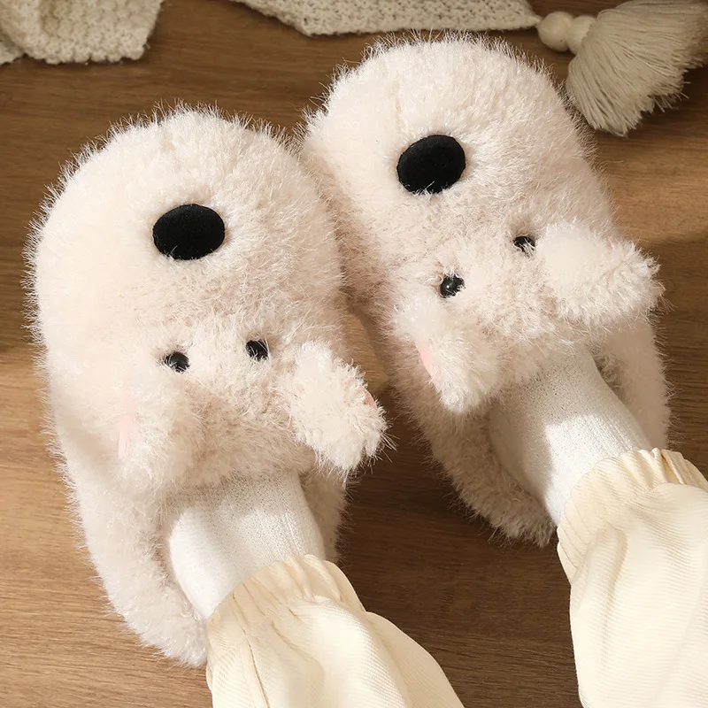 Kids'Slippers Plush Cartoon Fluffy Suede Winter Shoes For Children Anti-slip Thick Bottom Home Slipper Khaki White Size 36-41