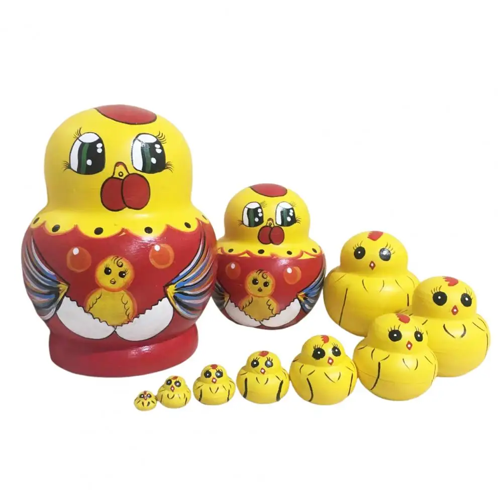 10Pcs/Set Figurine Ornament Animal Russian Nesting Doll Wooden Matryoshka Duck Panda Penguin Chick Stacking Toy Decoration