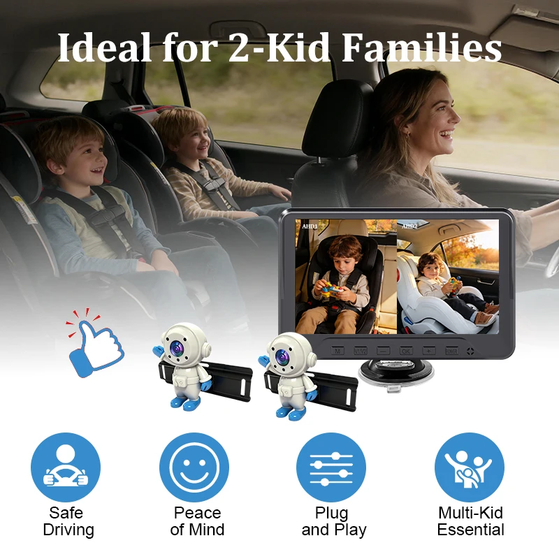 Plug & Play Baby Car Camera for 2 Kids Twins Pet Rear-Facing Baby 7 Inch AHD Split Screen Baby Monitor with Dual Backseat Camera