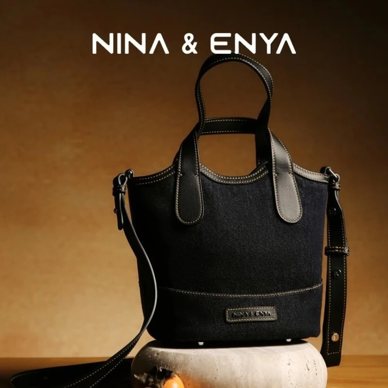 

NINA ENYA 2025 Fashion Denim Basket Canvas Tote Bag Handbag Shoulder Bag Crossbody Shopping Bag Bucket