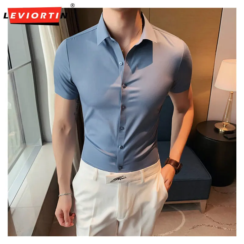 

Quality Ice Silk Seamless Adhesive Pressing Short Sleeve Shirts For Men Clothing 2024 Business Casual Slim Fit Summer Tuxedo 4XL