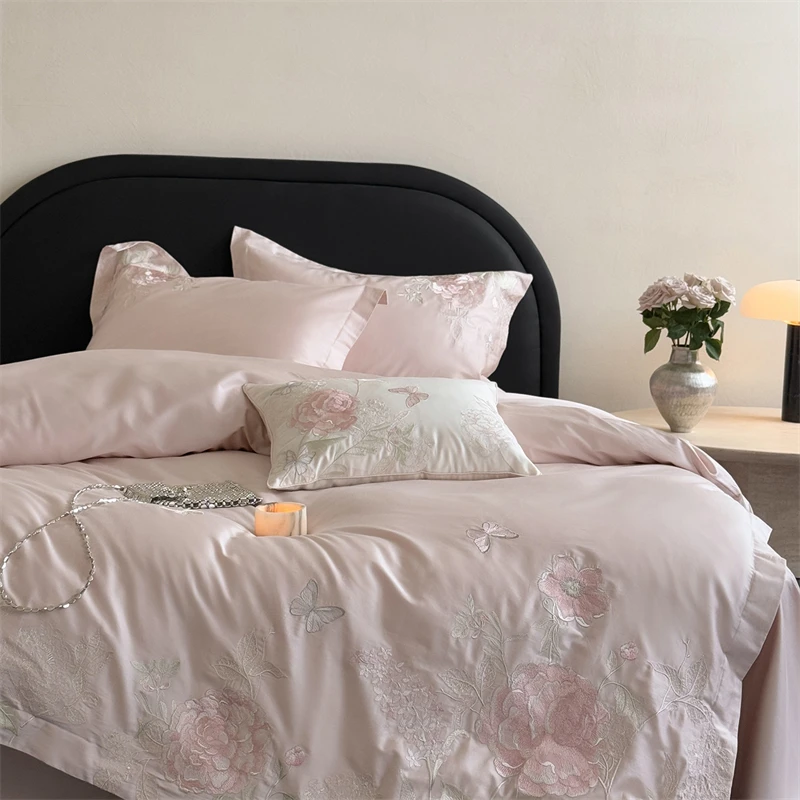 Premium 600TC Egyptian Cotton Luxury Flowers Butterfly Embroidery Pink Bedding Set Duvet Cover Flat/Fitted Sheet Pillowcase 4Pcs