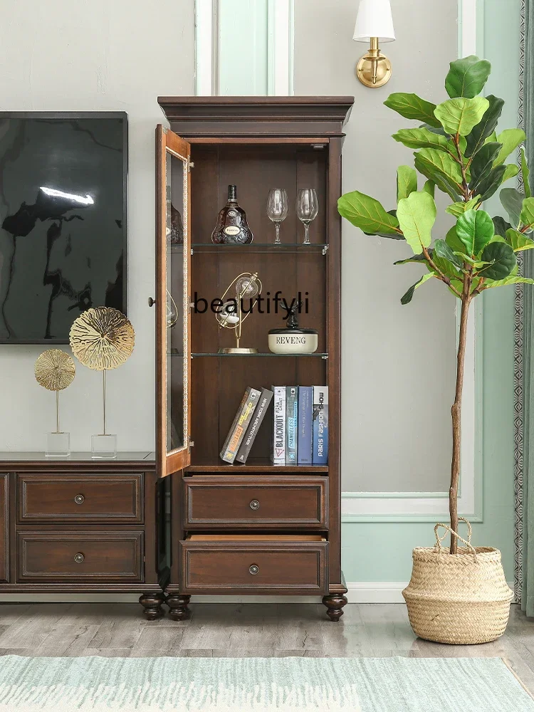 American Country Light Luxury All Solid Wood Wall Sideboard Cabinet Simple Living Room Glass Storage Display Clothes Closet