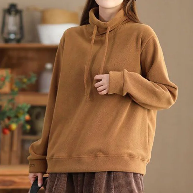 Women's High Collar Thickened Hoodie Double-sided Fleece Casual Sportwear Sweatshirts High Street Embroidery Drawstring Pullover