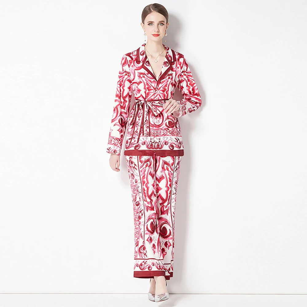 

Autumn Fashion Runway Pants Suit Women's Long Sleeve Red Blue And White Porcelain Print Long Jacket + Pants 2 Pieces Set T8733