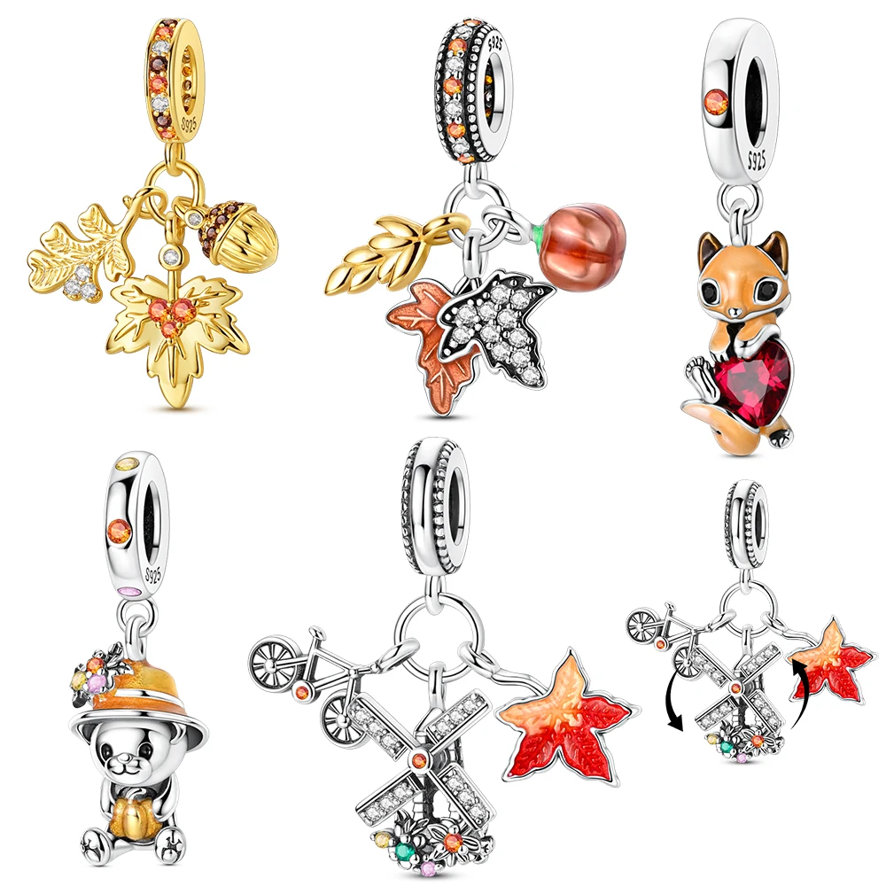 Autumn Style 925 Sterling Silver Golden Maple Leaf&Little Fox&Bear&Rotating Windmill Dangle Charm Fit Brand Bracelet Gift Jewelr