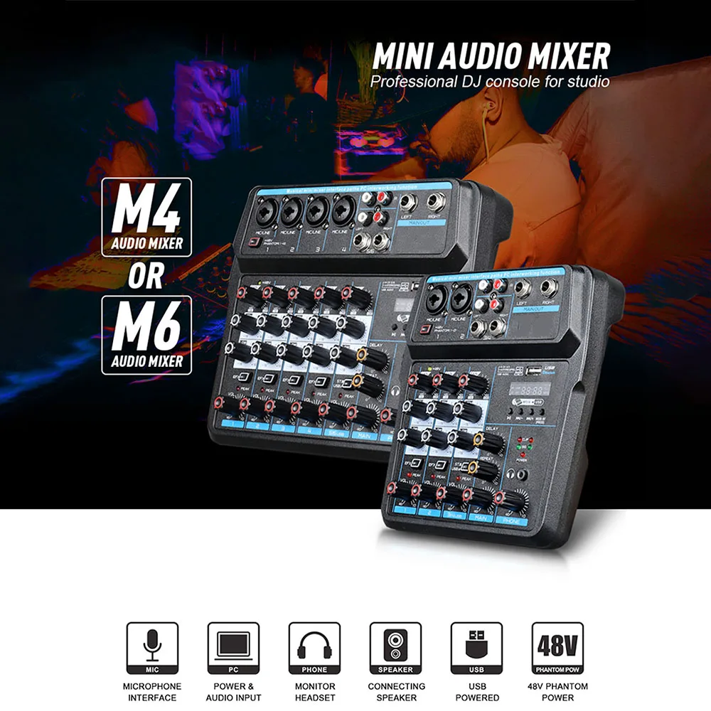 Audio Mixer audio DJ mixer 4/6 channel Digital Sound Board Console With Sound Card Bluetooth USB 48V Phantom Power DJ Equipment