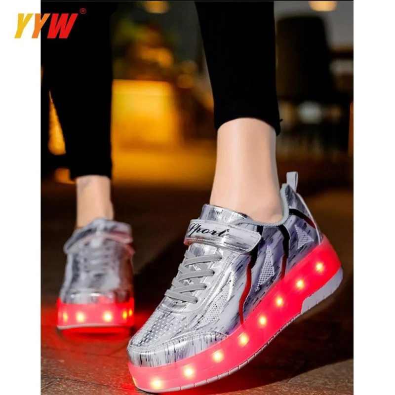 Girls Kids Roller Skates Skating Shoes Sliding Sneakers Outdoor Gym Sports Skate Shoes USB Led Light 2 Wheels Convertible Gift