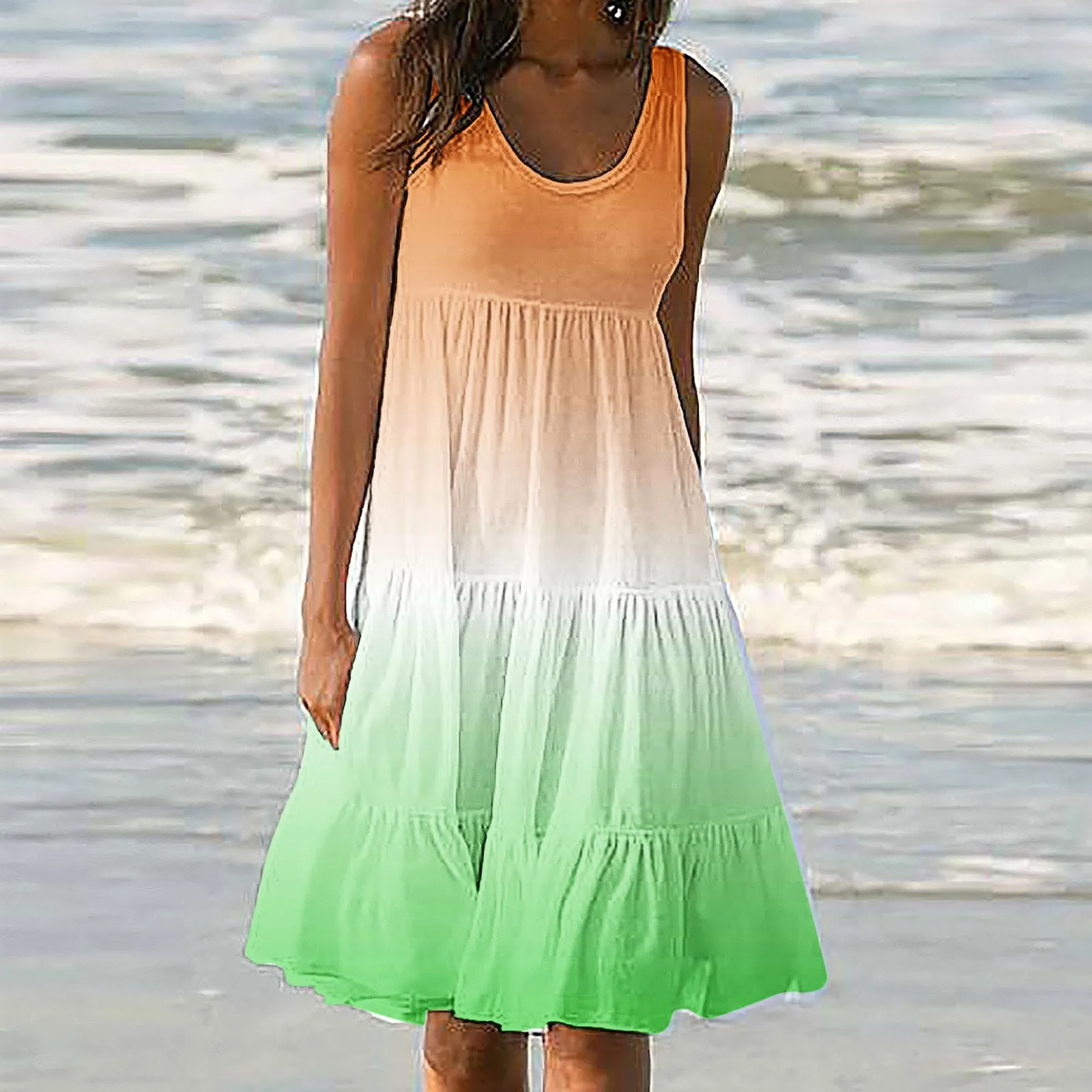 Mini Robe Décontractée à Volants pour Femme, Tenue de Plage Décontractée, Style Boho, Dégradé, Col en Fibres, Été, 2024