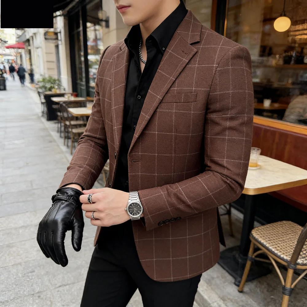 

Seda brilhante mil pássaro grade terno jaqueta estilo coreano moda de negócios fino ajuste único breasted masculino festa social