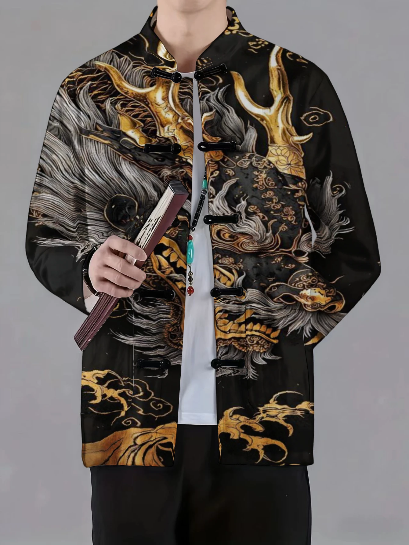 Men Men Retro Tang Suit Coat Mandarin Collar Frog Button Golden Dragon Cloud Allover Print Long Sleeve Fashion Outer Jacket For Male - Aliexpress Deal