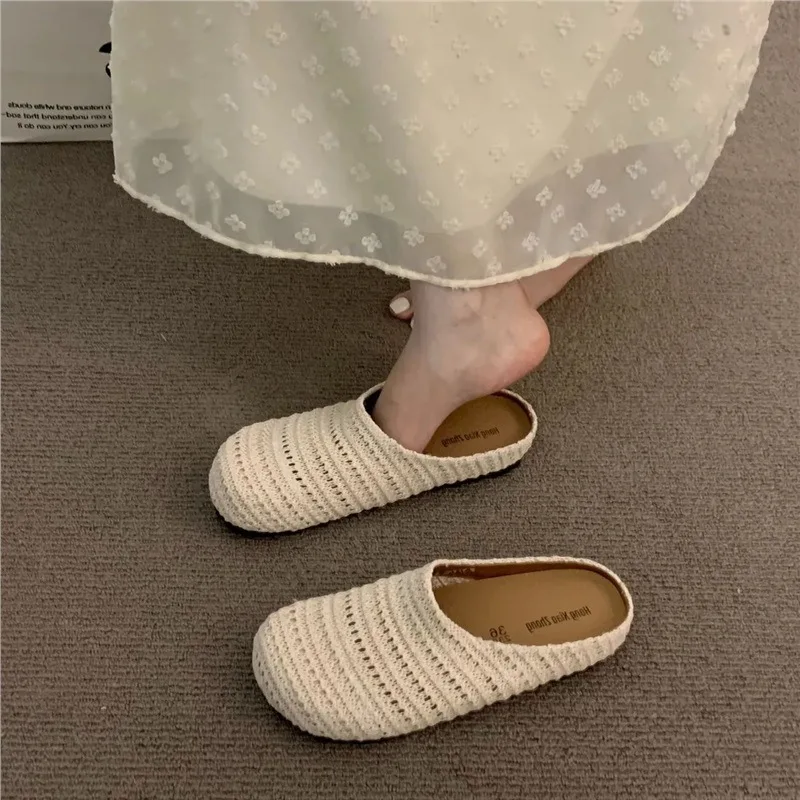 Retro Damen Mules mit geschlossener Zehenpartie, atmungsaktive Slip-on Flats, bequeme Schuhe für Zuhause, Outdoor, Strand, Alltag, modische Damensandalen