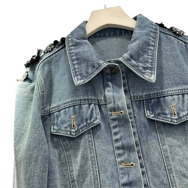 

Spring Autumn Heavy Work Beaded Blue Short Jeans Jacket Women Cowboy Outerwear Lapel Long Sleeve Female Denim Jacket Streetwear