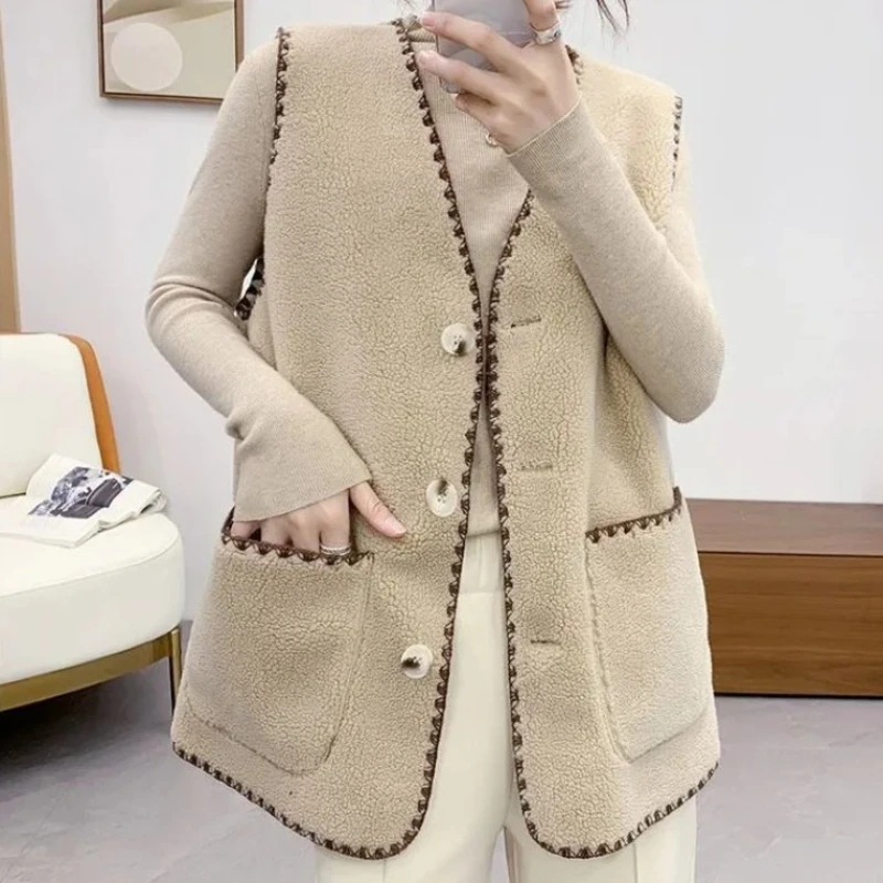 

Женский жилет из искусственного меха, осень-зима 202, свободный крой, массивный вязаный кардиган, верхняя одежда с текстурированным мехом, повседневный жилет большого размера