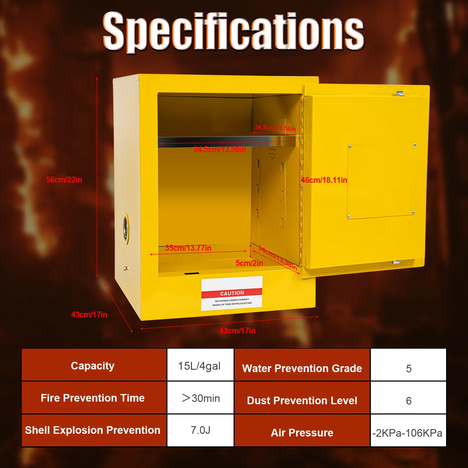 4 Gallons Liquid Safety Cabinet Fire Protection Steel Plate  Flammable Yellow Hazardous Storage Cabinet