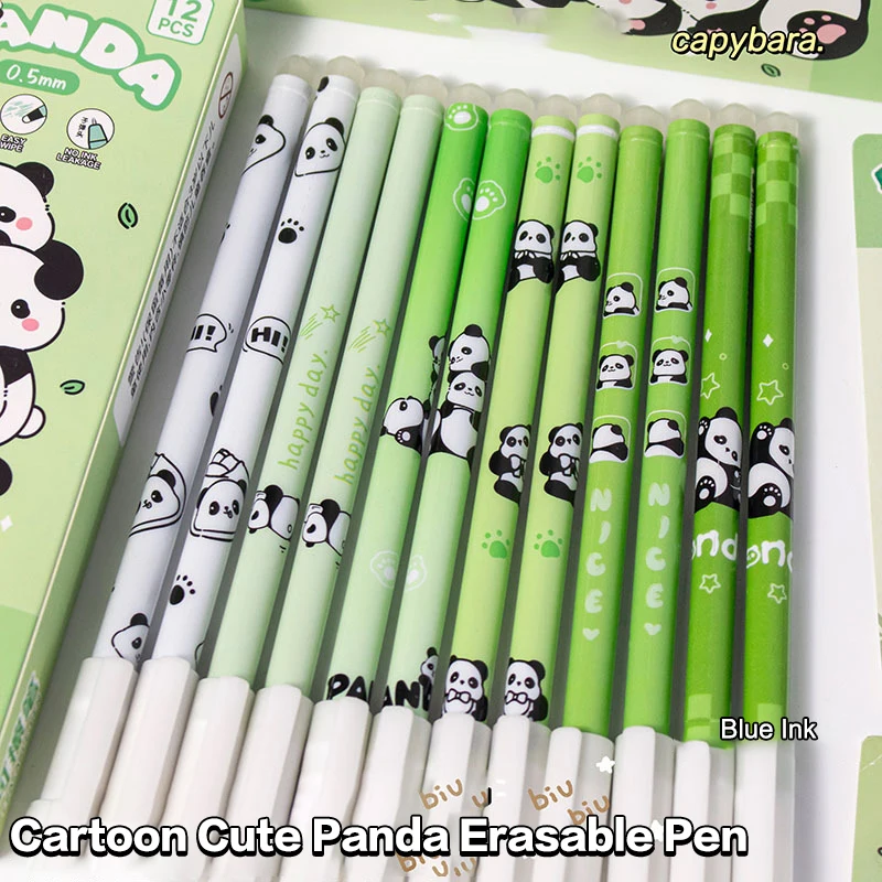 12Pcs Cartoon Capybara Panda Gel Pen Writing Smooth Quick-Drying Blue Erasable Pens Kawaii Student Stationery Office Supplies