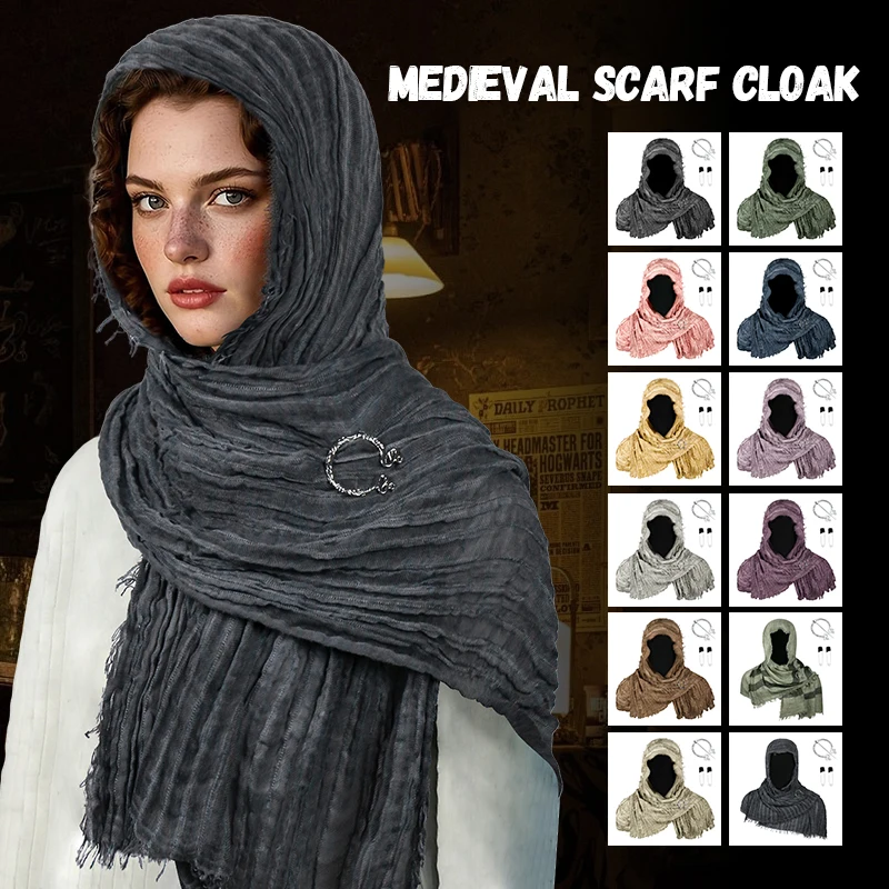 

Medieval Renaissance Wrap Cloak Cape Cowl Pirate Retro Shoulder Scarf Viking Hooded Shawl With Brooch Halloween Cosplay