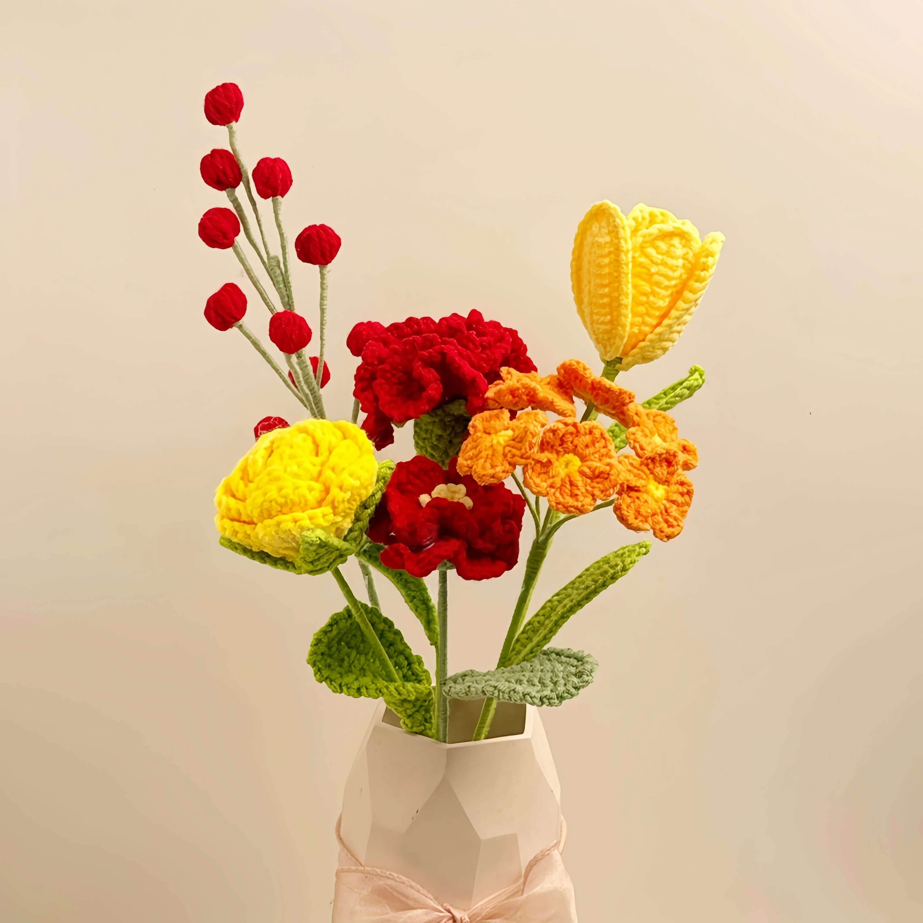 6 قطع من خيوط الكروشيه المختلطة المصنوعة يدويًا باقة الزهور الاصطناعية - زهور القرنفل باللون الأحمر الفاوانيا والهدايا لديكور المنزل #2