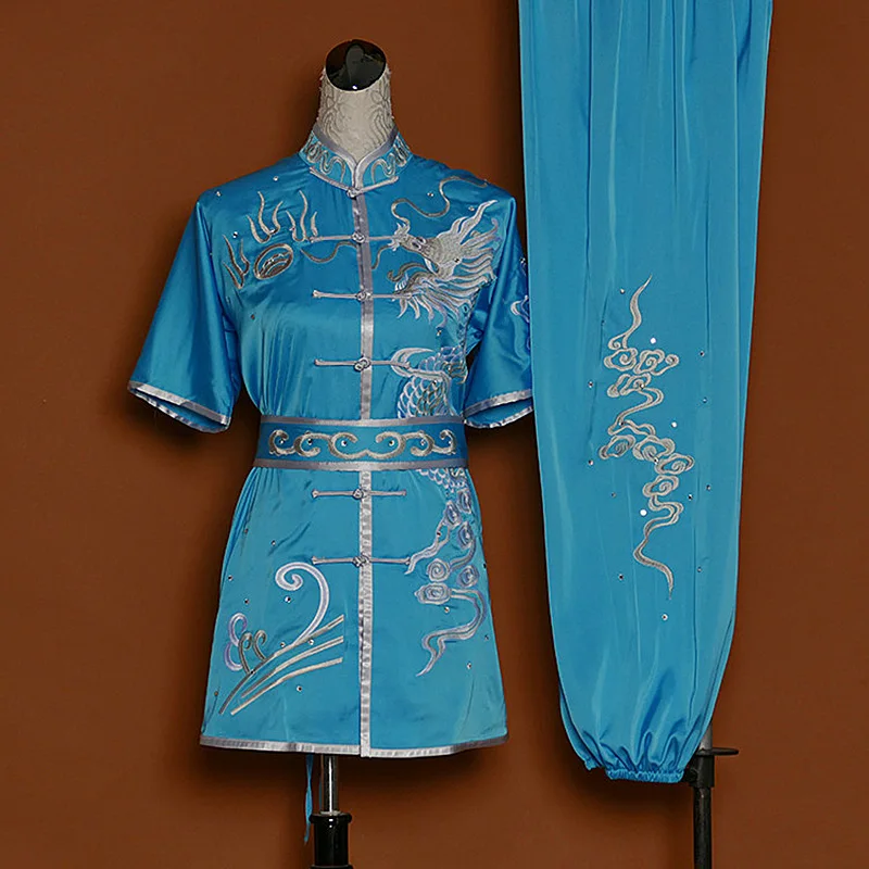 Martial Arts Uniform Dragon Out of Sea Changquan Nanquan Competition Performance Embroidered Kung Fu Suit Sky Blue Summer Custom