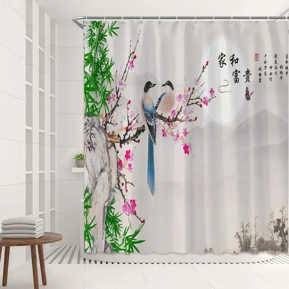 Chinese Painting Shower Curtain Aesthetic Ink Plum Landscape Natural Scenery Bathroom Decor Curtain Bath Curtain Set with Hook