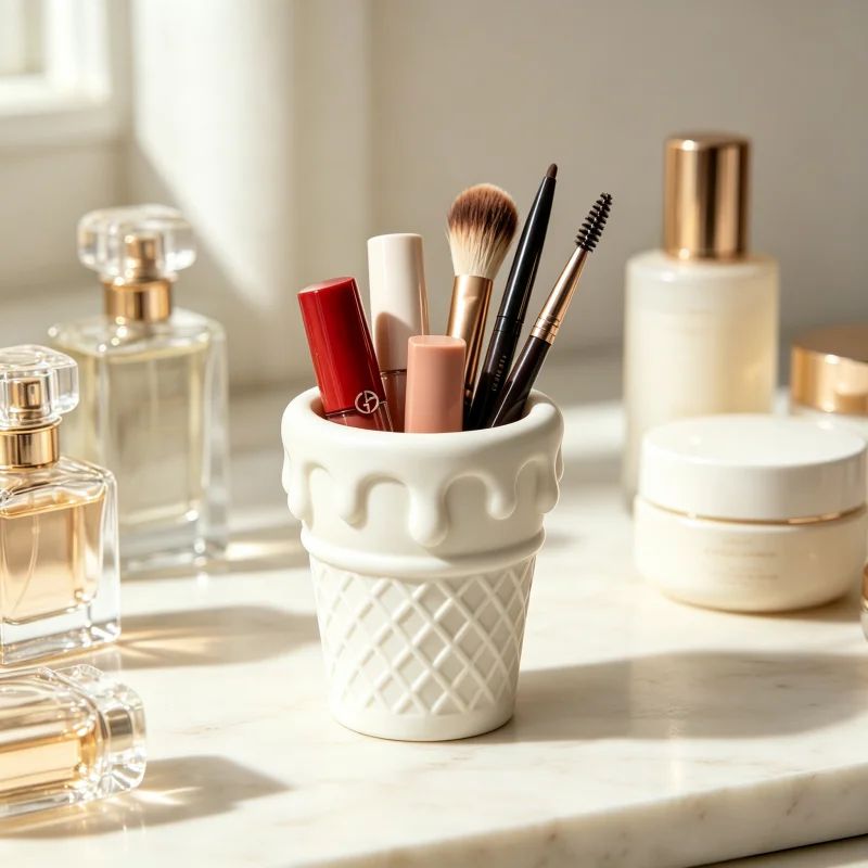 Cute Melting Ice Cream Cone Pen Holder, White Waffle-Patterned Makeup Brush Storage Container, Atmospheric Desktop Organizer, Dressing Table, Desk, and Room Decoration