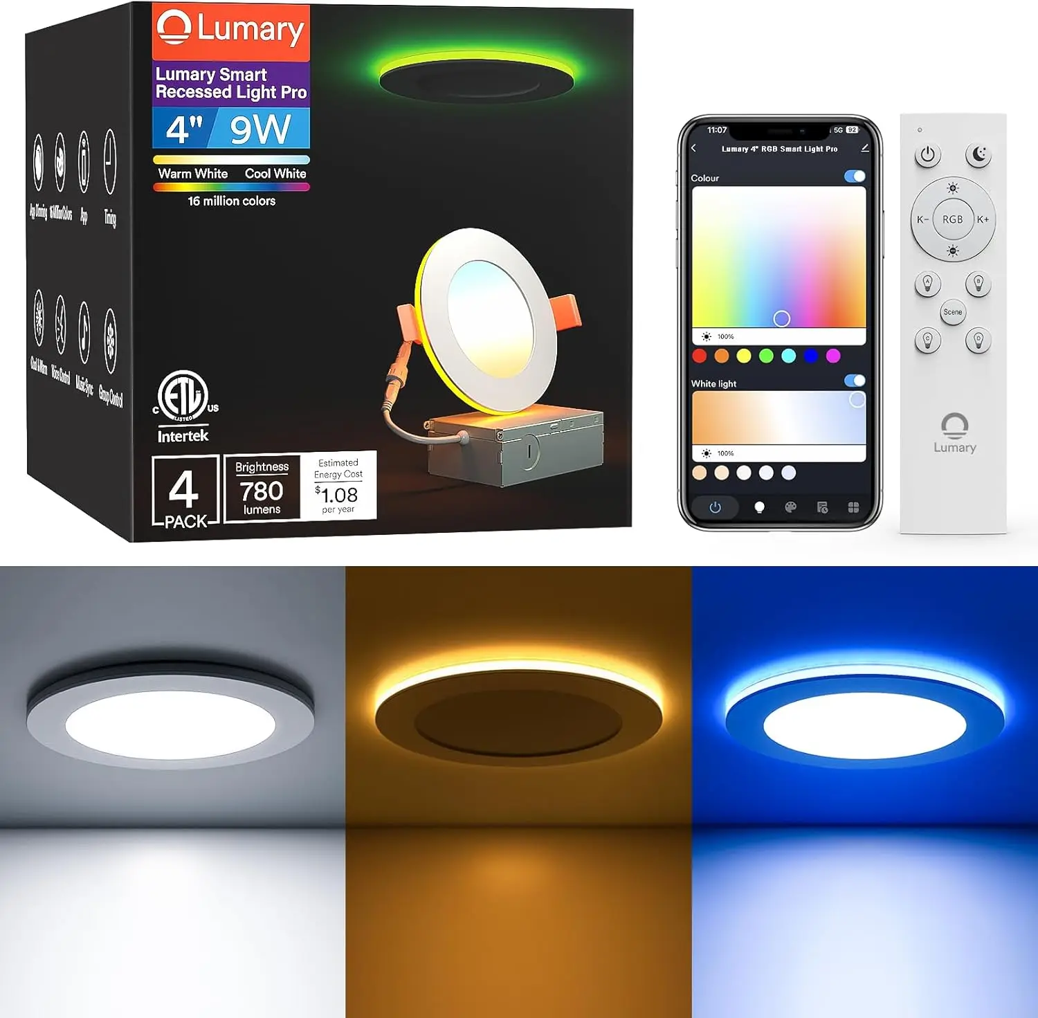 

4-дюймовые умные встраиваемые светильники с RGB-подсветкой, Wi-Fi-совместимые, совместимые с Alexa и Google Assistant, комплект из 4 штук