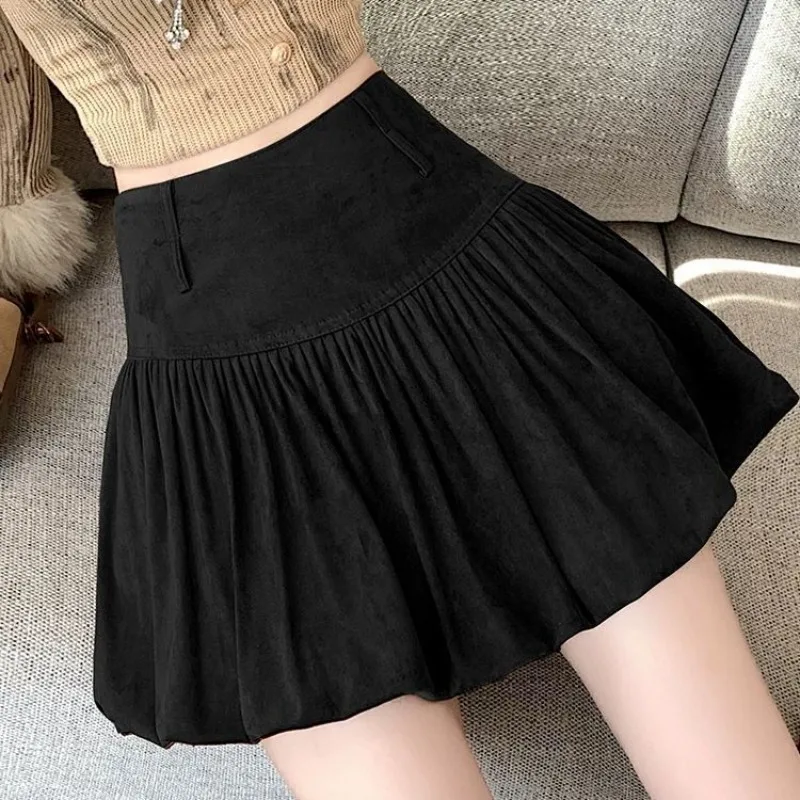 Autumn Winter Large-sized Suede Pleated Skirts Fashionable Wome Flower Bud High-waisted Belt-covering A-line Skirt Makes Slimmer