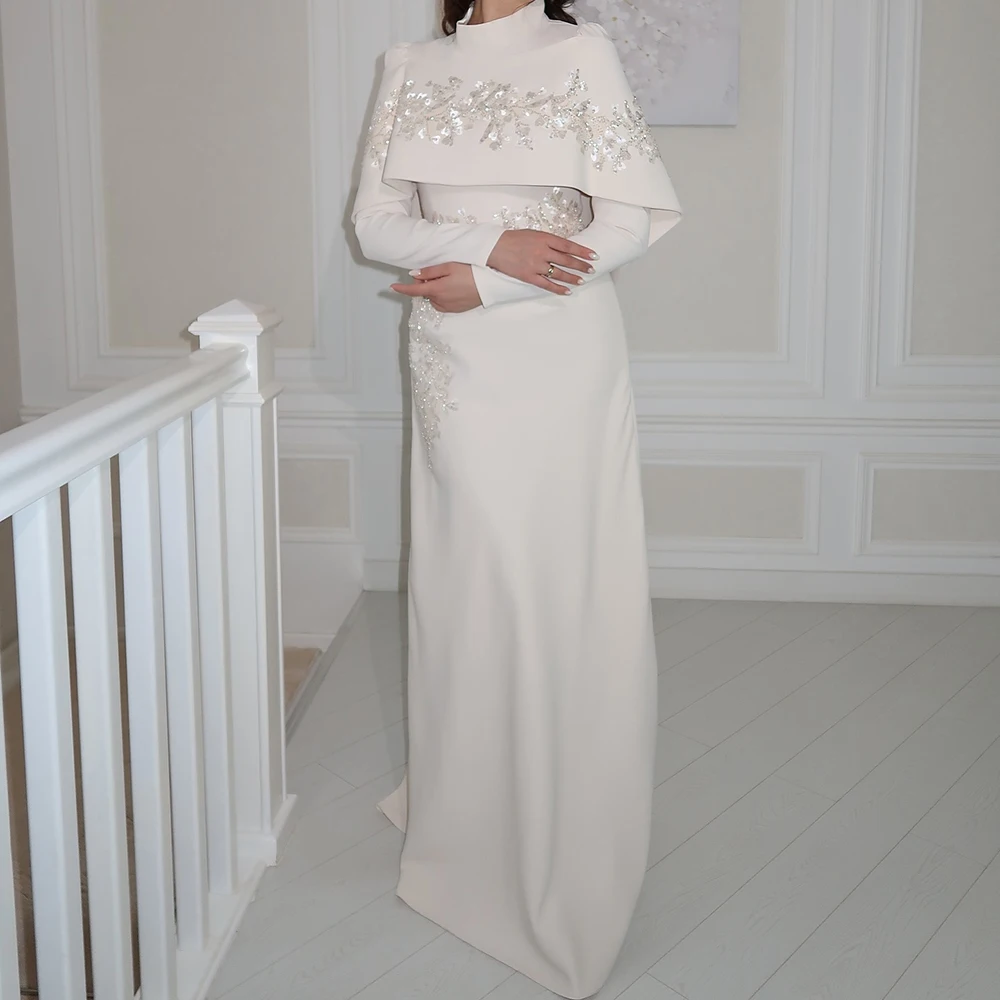 

Customized A-line Evening Dresses Floor-length High-neck Full Sleeve Prom Gown Fashion Sequined Flowers Simple Draped Party Gown