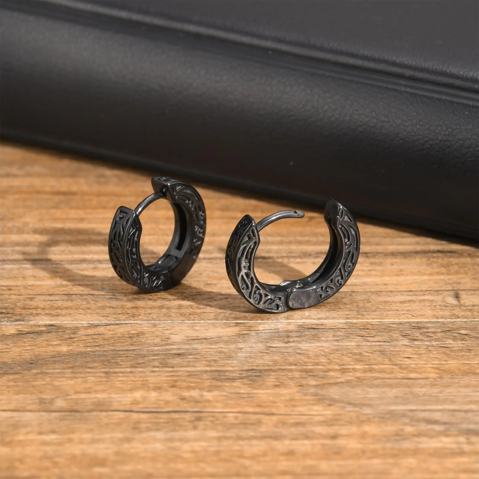 Vnox Luxury Monogrammed Mens Hoop Earrings,Thick Small Stainless Steel Huggies Earrings, Gothic Punk Ear Jewelry