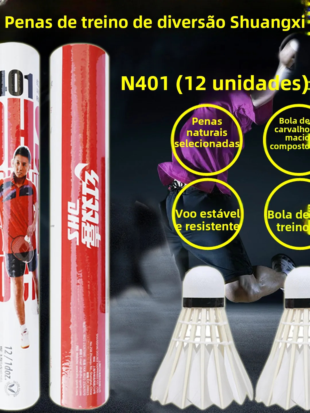 red-double-happiness-badminton-n401-composite-cork-natural-feather-training-entertainment-ball-durable-12-pieces-per-set