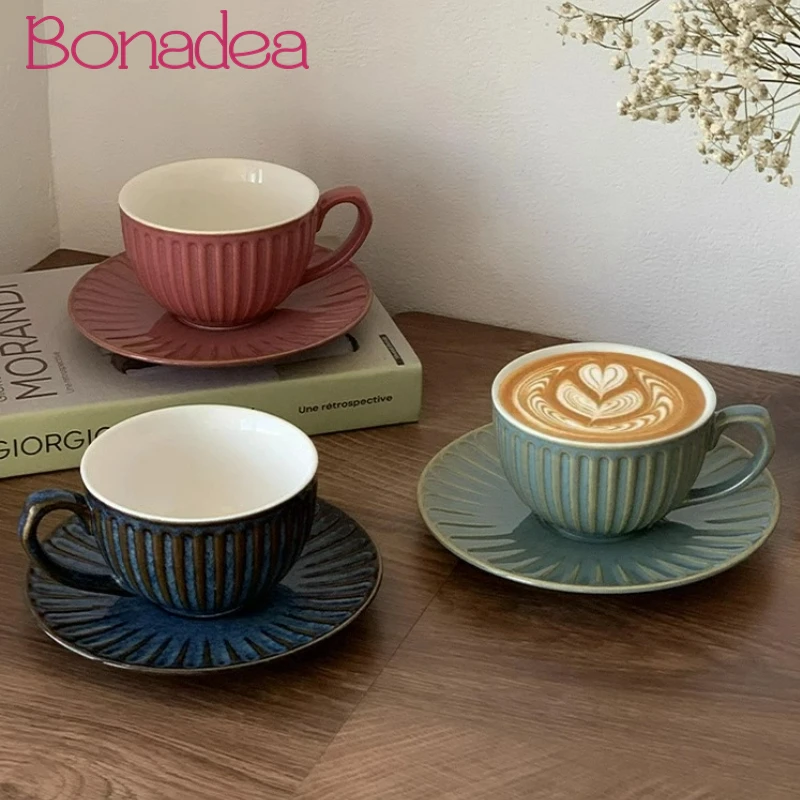 

220/300ML Ceramic Coffee Mug Set Creative Striped Latte Coffee Cups Milk Cup With Saucer Latte Art Mugs Home Cafe Accessories