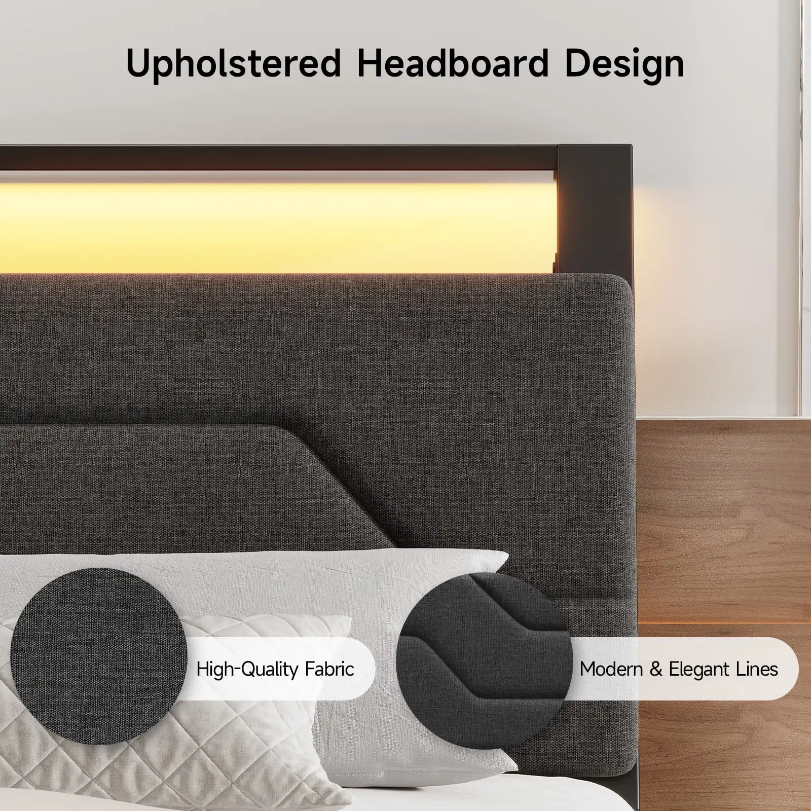 Queen Bed Frame with Headboard and LED Lights, Ergonomic Upholstered Queen Platform Bed Fame with Charging Station & Storage image 6