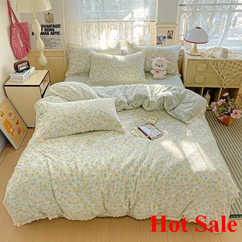 

Small fresh printing French lace lace double four-piece set bedding wrinkled yarn student 3-piece set