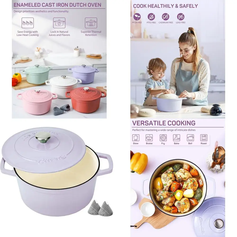 

6-литровая эмалированная чугунная голландская духовка с крышкой и подставками — прочная посуда для выпечки, тушения, тушения и обжарки — духовка