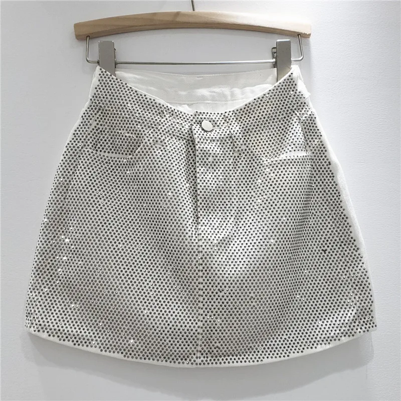 2024 New Summer Fashion Full Diamonds Hot Drilling Women Denim Skirt High Waist Wrap Buttocks Short A-line Lady Mini Skirts